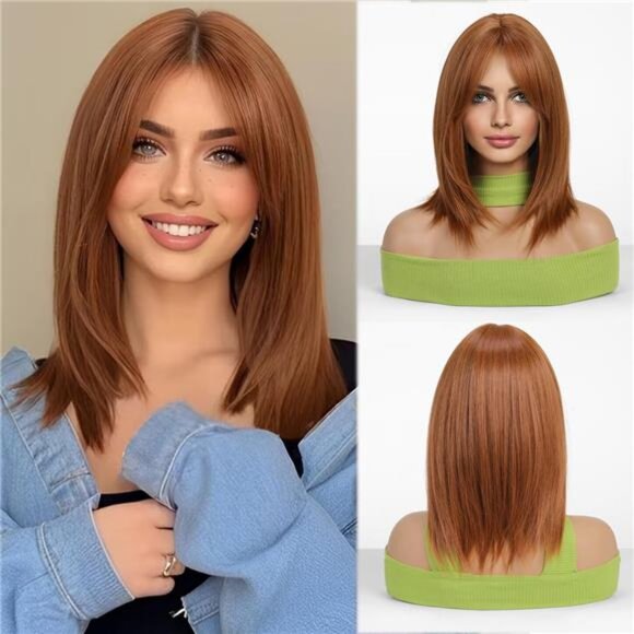 Short Straight Auburn Women's Wig Layered Synthetic Hair Wig with Dark Auburn-1